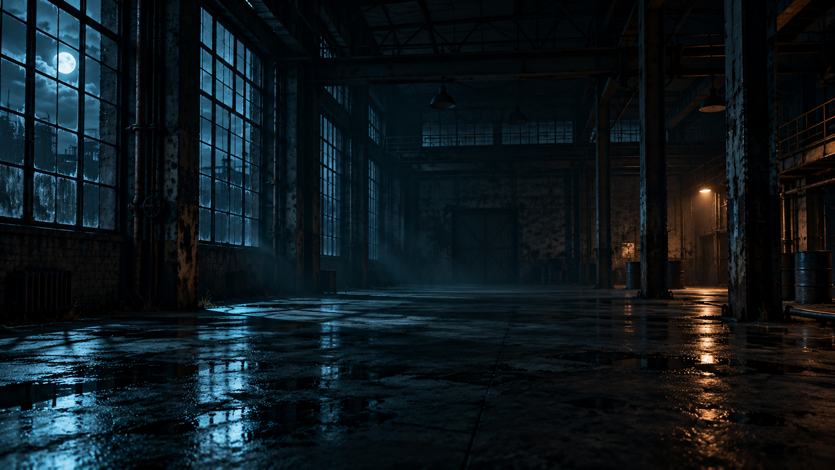 Abandoned factory hall lit by moonlight